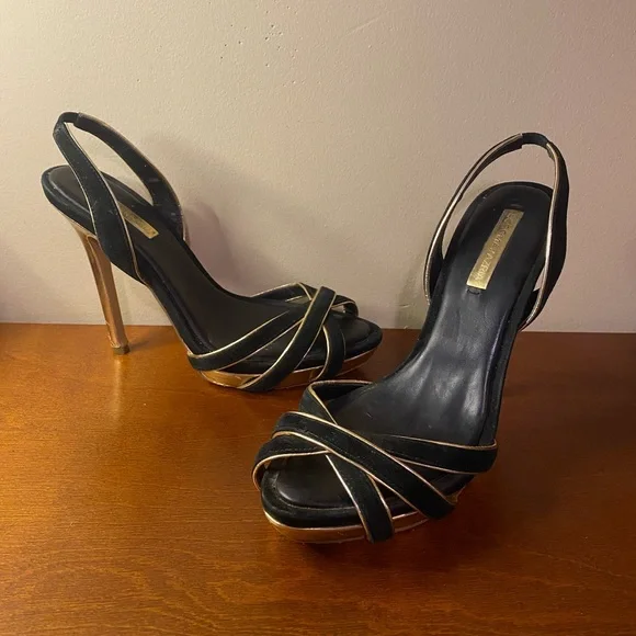 Black And Gold BCBG Sling Back Heels size 9.5 - Picture 2 of 7